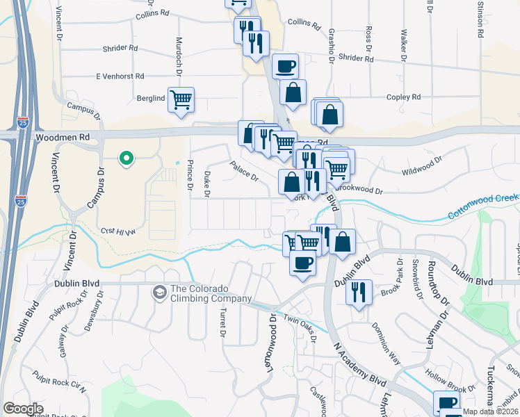 map of restaurants, bars, coffee shops, grocery stores, and more near 6731 Hampton Drive in Colorado Springs