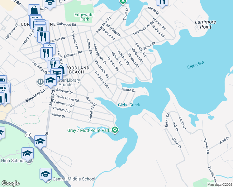 map of restaurants, bars, coffee shops, grocery stores, and more near 1811 Loreley Road in Edgewater