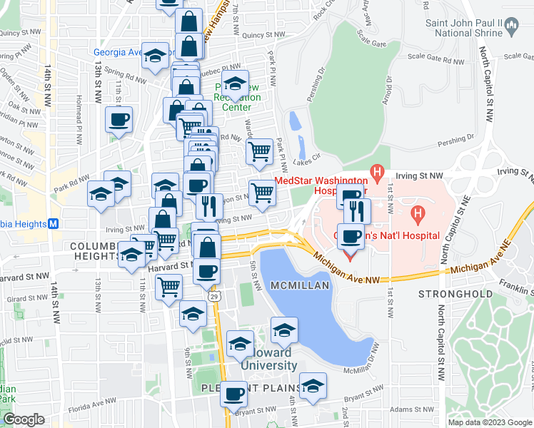 map of restaurants, bars, coffee shops, grocery stores, and more near Irving Street Northwest & Warder Street Northwest in Washington