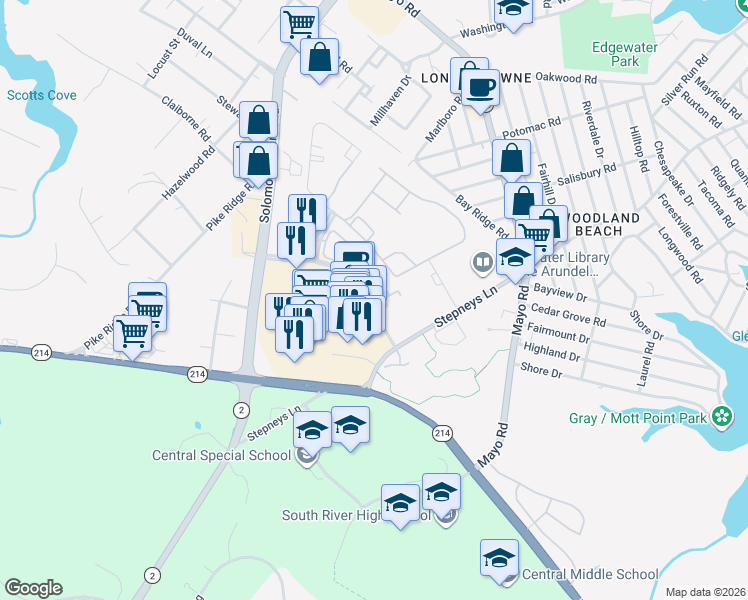 map of restaurants, bars, coffee shops, grocery stores, and more near 421 Hamlet Club Dr in Mayo