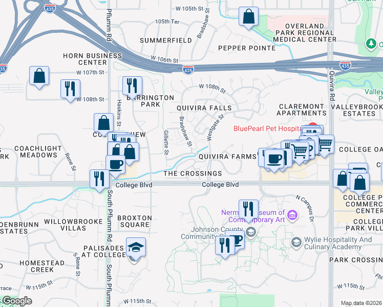 map of restaurants, bars, coffee shops, grocery stores, and more near 17001 Bradshaw Street in Overland Park