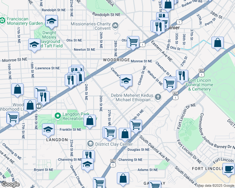 map of restaurants, bars, coffee shops, grocery stores, and more near 2932 Carlton Avenue Northeast in Washington