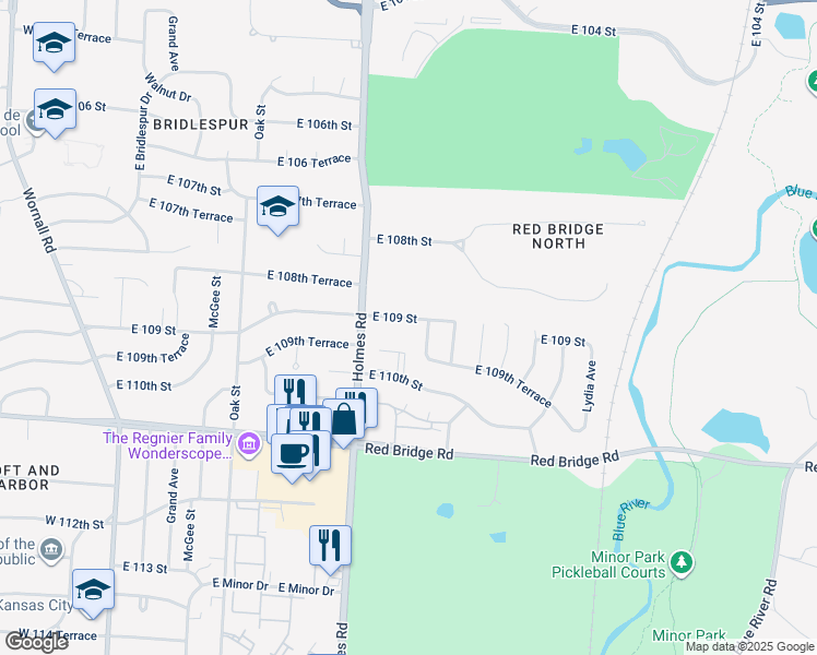 map of restaurants, bars, coffee shops, grocery stores, and more near 815 East 109 Street in Kansas City
