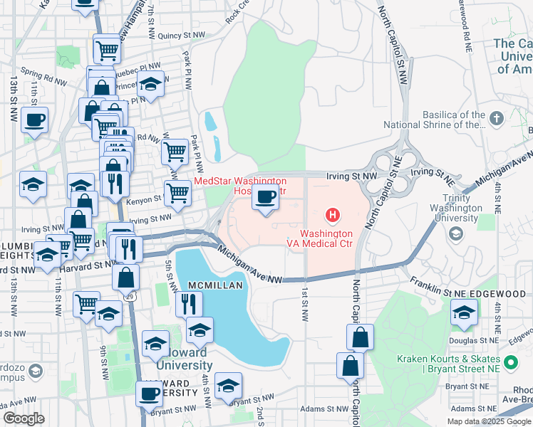 map of restaurants, bars, coffee shops, grocery stores, and more near 110 Irving Street Northwest in Washington