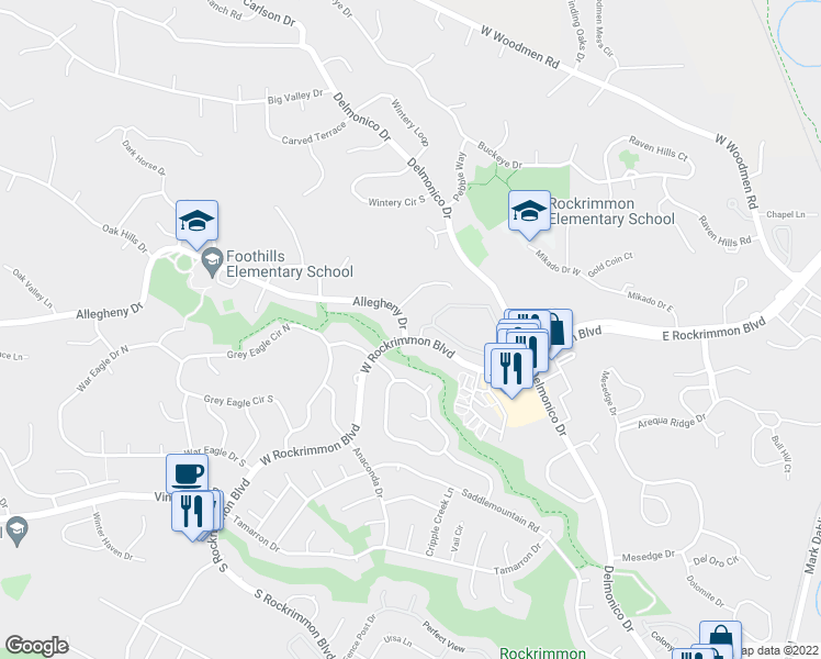 map of restaurants, bars, coffee shops, grocery stores, and more near 410 Allegheny Drive in Colorado Springs
