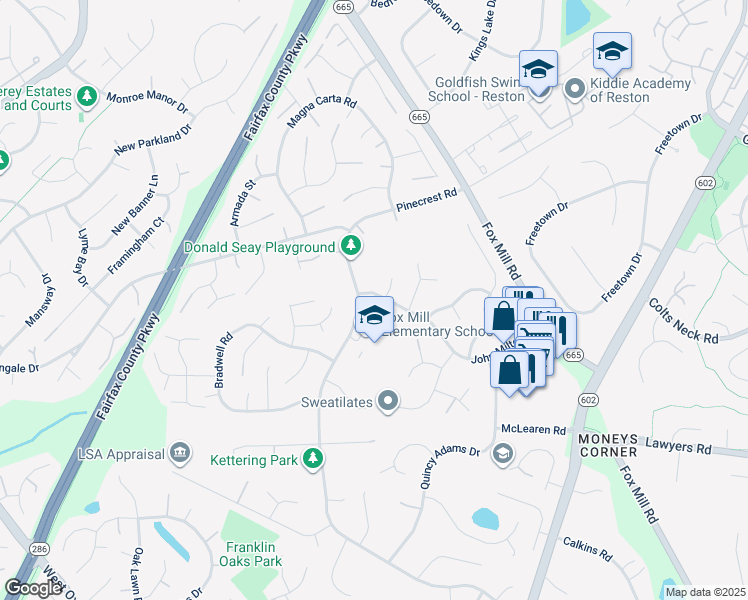 map of restaurants, bars, coffee shops, grocery stores, and more near 2629 John Milton Drive in Herndon