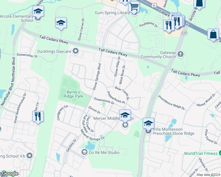 map of restaurants, bars, coffee shops, grocery stores, and more near 42033 Bear Tooth Drive in Aldie