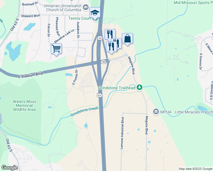 map of restaurants, bars, coffee shops, grocery stores, and more near 3040 East Stadium Boulevard in Columbia
