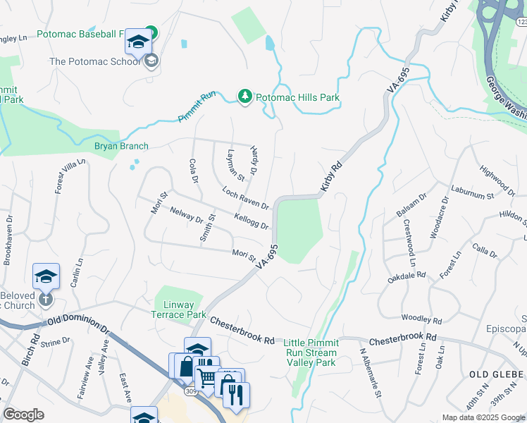 map of restaurants, bars, coffee shops, grocery stores, and more near 6151 Loch Raven Drive in McLean