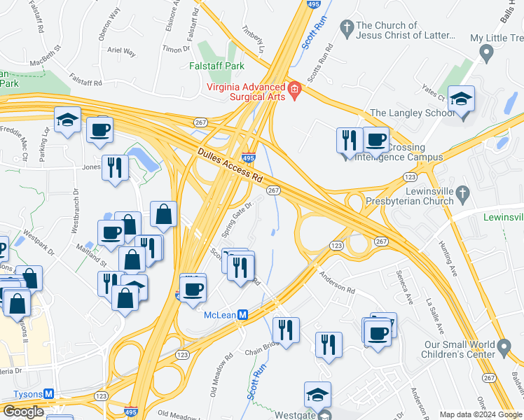 map of restaurants, bars, coffee shops, grocery stores, and more near 1571 Spring Gate Drive in McLean