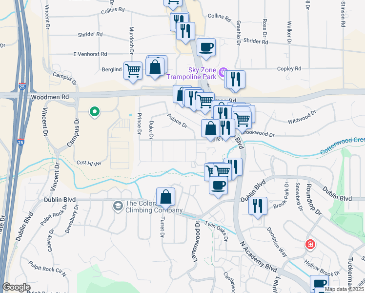 map of restaurants, bars, coffee shops, grocery stores, and more near 6735 Knight Drive in Colorado Springs