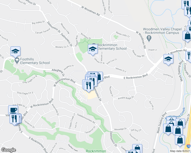 map of restaurants, bars, coffee shops, grocery stores, and more near 152 West Rockrimmon Boulevard in Colorado Springs