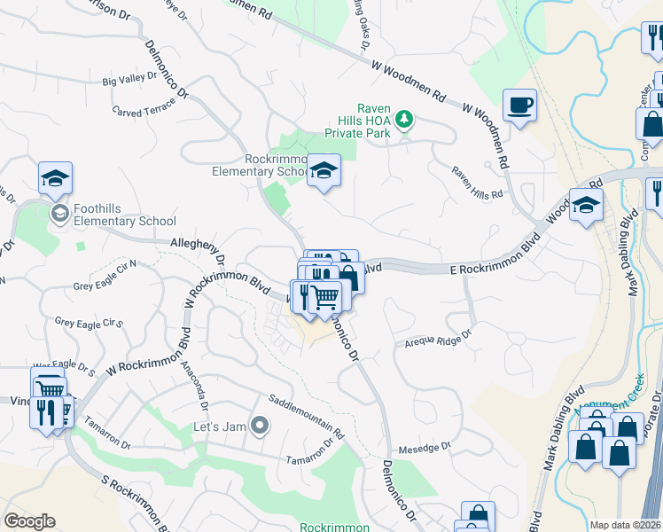 map of restaurants, bars, coffee shops, grocery stores, and more near 152 West Rockrimmon Boulevard in Colorado Springs