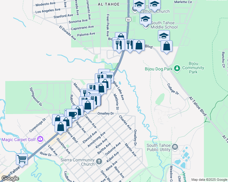 map of restaurants, bars, coffee shops, grocery stores, and more near 1032 Blue Lake Avenue in South Lake Tahoe