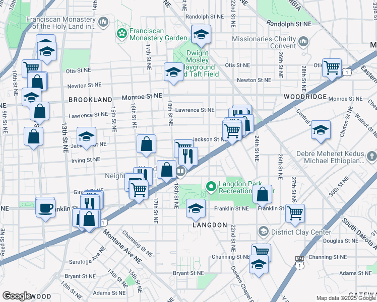 map of restaurants, bars, coffee shops, grocery stores, and more near 101 Independence Avenue Southeast in Washington