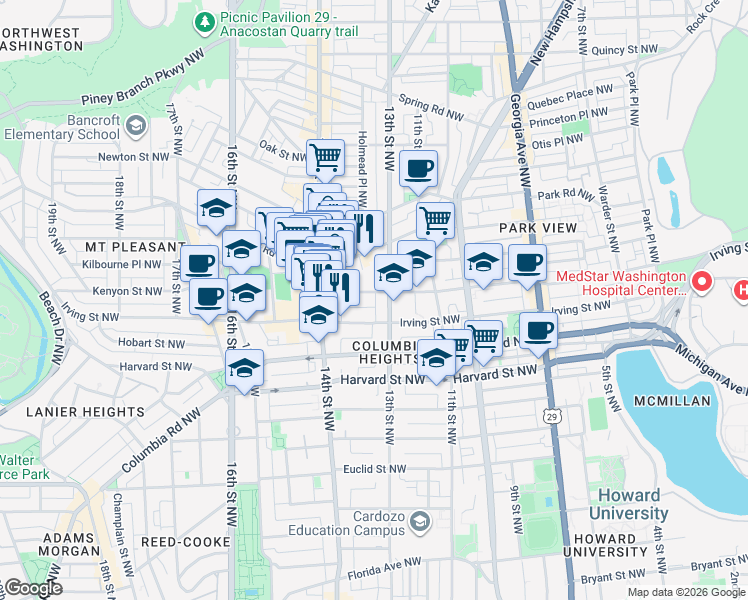 map of restaurants, bars, coffee shops, grocery stores, and more near 101 Independence Avenue Southeast in Washington