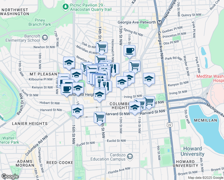 map of restaurants, bars, coffee shops, grocery stores, and more near 101 Independence Avenue Southeast in Washington