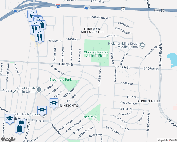 map of restaurants, bars, coffee shops, grocery stores, and more near 7800 East 108th Street in Kansas City