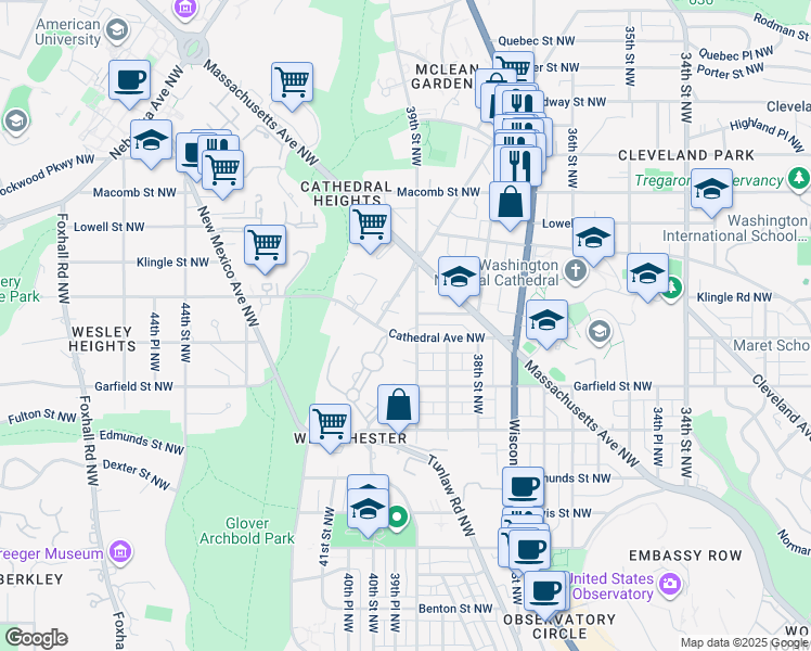 map of restaurants, bars, coffee shops, grocery stores, and more near 3901 Cathedral Avenue Northwest in Washington