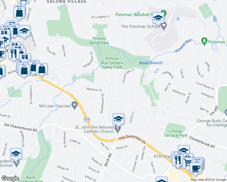 map of restaurants, bars, coffee shops, grocery stores, and more near 1503 Oakview Drive in McLean