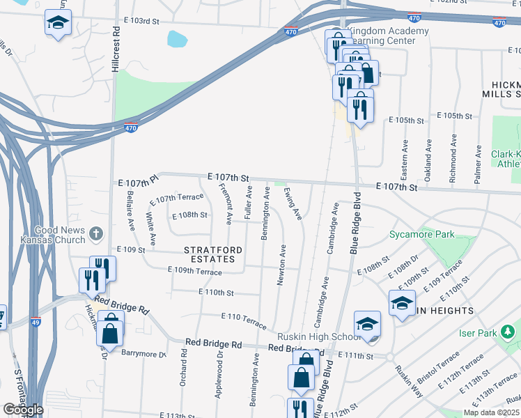 map of restaurants, bars, coffee shops, grocery stores, and more near 10712 Bennington Avenue in Kansas City