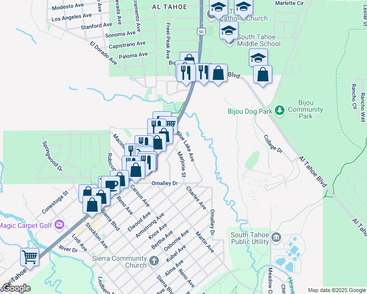 map of restaurants, bars, coffee shops, grocery stores, and more near 1040 Blue Lake Avenue in South Lake Tahoe