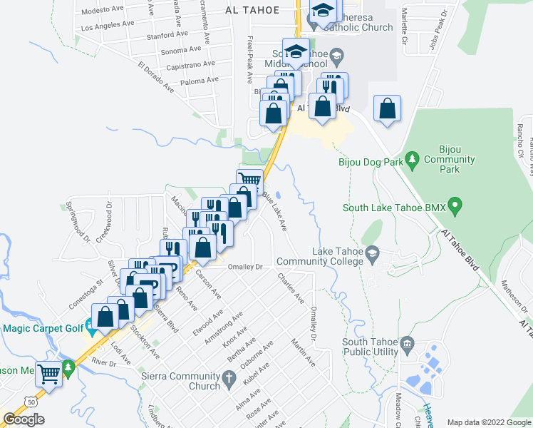 map of restaurants, bars, coffee shops, grocery stores, and more near 2748 Young Street in South Lake Tahoe