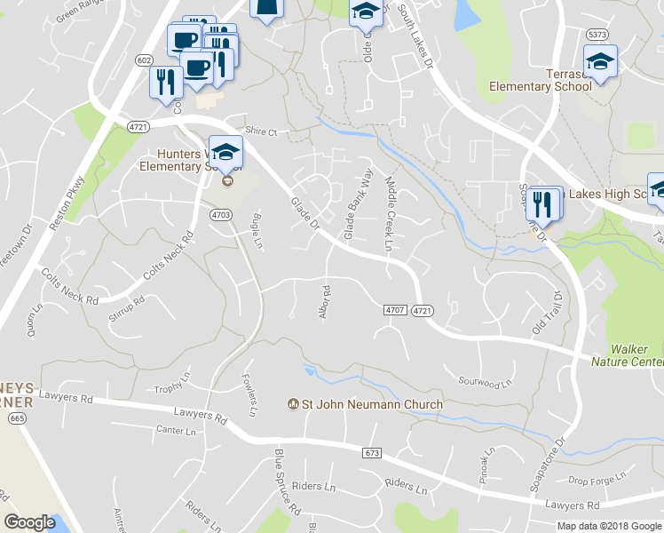 map of restaurants, bars, coffee shops, grocery stores, and more near 2431 Albot Road in Reston