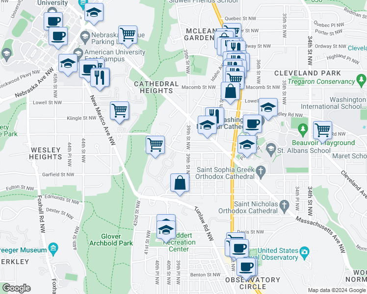 map of restaurants, bars, coffee shops, grocery stores, and more near 3901 Cathedral Avenue Northwest in Washington