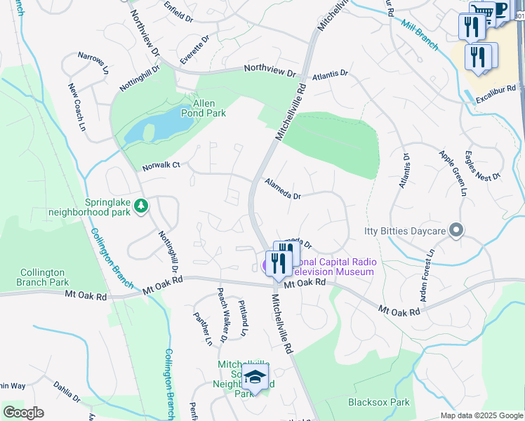 map of restaurants, bars, coffee shops, grocery stores, and more near 2901 Mitchellville Road in Bowie
