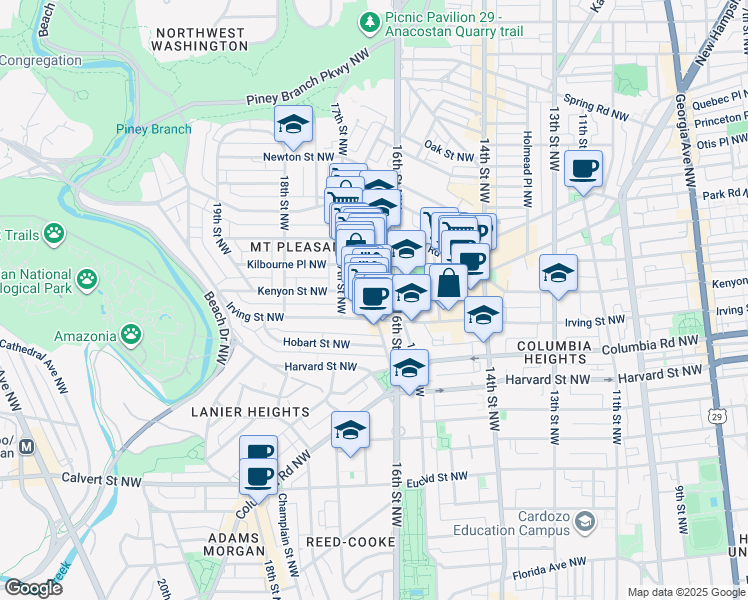 map of restaurants, bars, coffee shops, grocery stores, and more near 3125 Mount Pleasant Street Northwest in Washington