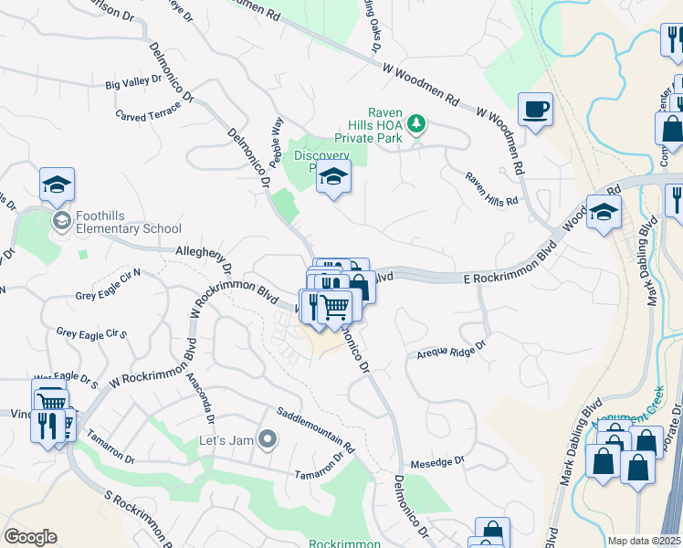 map of restaurants, bars, coffee shops, grocery stores, and more near 152 West Rockrimmon Boulevard in Colorado Springs