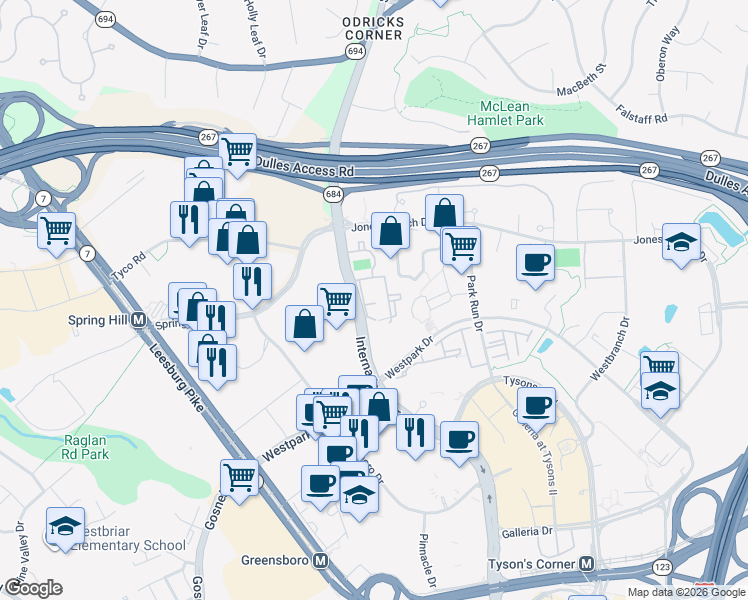 map of restaurants, bars, coffee shops, grocery stores, and more near 1500 Lincoln Circle in McLean