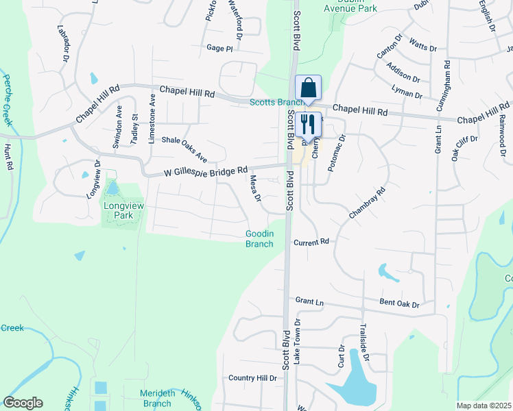 map of restaurants, bars, coffee shops, grocery stores, and more near 4316 Mesa Drive in Columbia