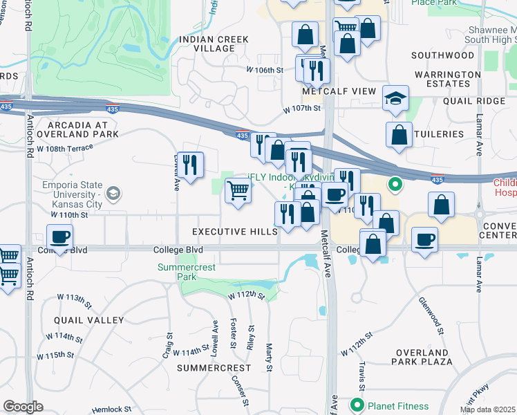 map of restaurants, bars, coffee shops, grocery stores, and more near 7300 College Boulevard in Overland Park