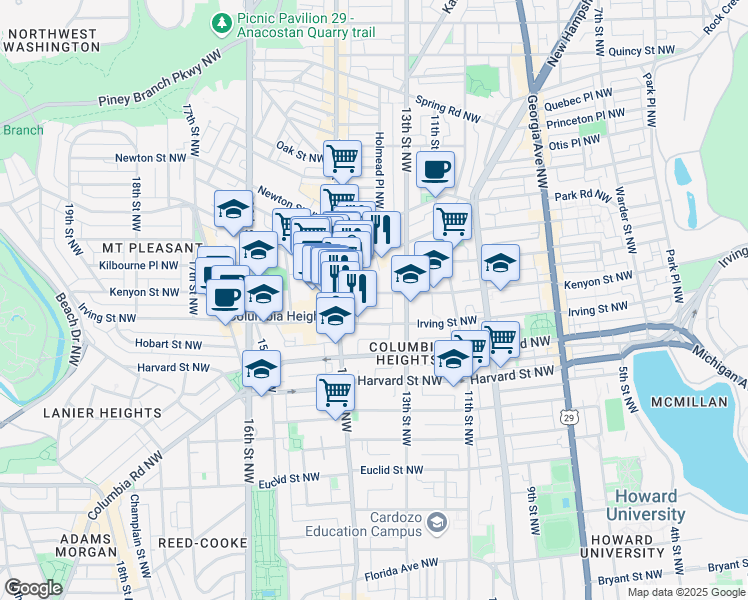 map of restaurants, bars, coffee shops, grocery stores, and more near 1348 Kenyon Street Northwest in Washington