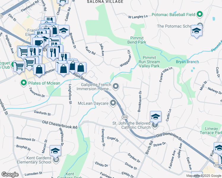 map of restaurants, bars, coffee shops, grocery stores, and more near 6556 Old Dominion Drive in McLean