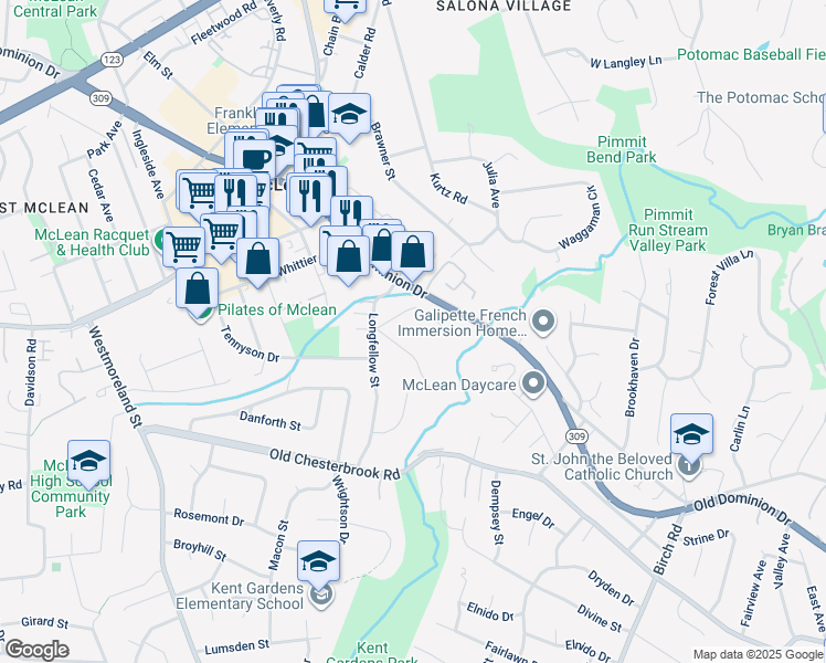 map of restaurants, bars, coffee shops, grocery stores, and more near 6648 Hawthorne Street in McLean