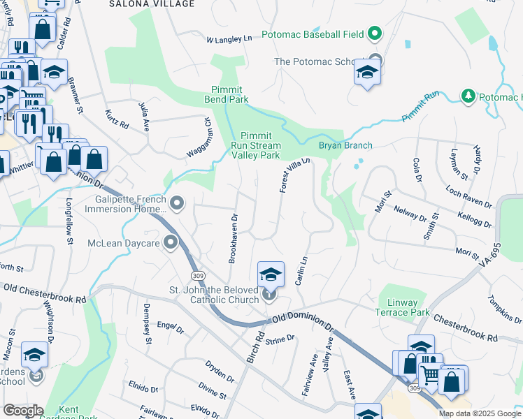 map of restaurants, bars, coffee shops, grocery stores, and more near 1503 Oakview Drive in McLean