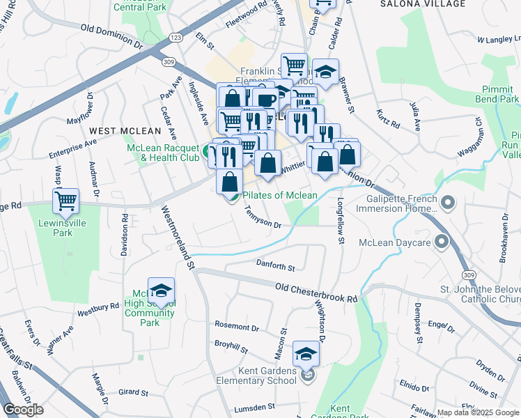 map of restaurants, bars, coffee shops, grocery stores, and more near 1508 Linden Hurst Avenue in McLean