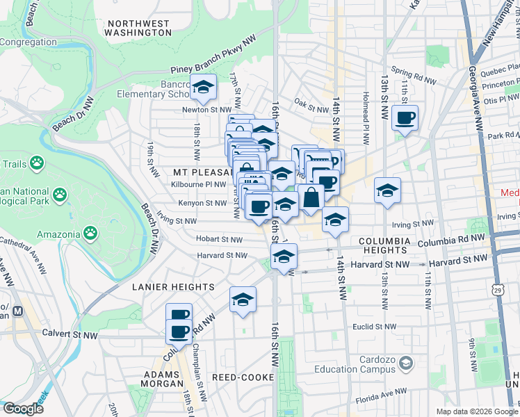 map of restaurants, bars, coffee shops, grocery stores, and more near 3125 Mount Pleasant Street Northwest in Washington, D.C.