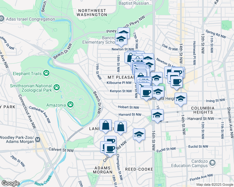 map of restaurants, bars, coffee shops, grocery stores, and more near 1800 Kenyon Street Northwest in Washington