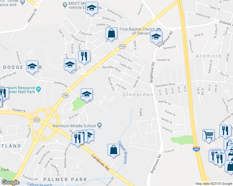 map of restaurants, bars, coffee shops, grocery stores, and more near 8635 McLain Ave in Glenarden
