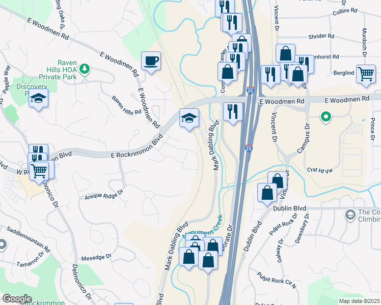 map of restaurants, bars, coffee shops, grocery stores, and more near 539 Rolling Hills Drive in Colorado Springs