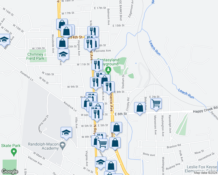 map of restaurants, bars, coffee shops, grocery stores, and more near 816 North Commerce Avenue in Front Royal