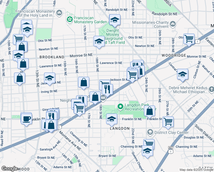 map of restaurants, bars, coffee shops, grocery stores, and more near 101 Independence Avenue Southeast in Washington