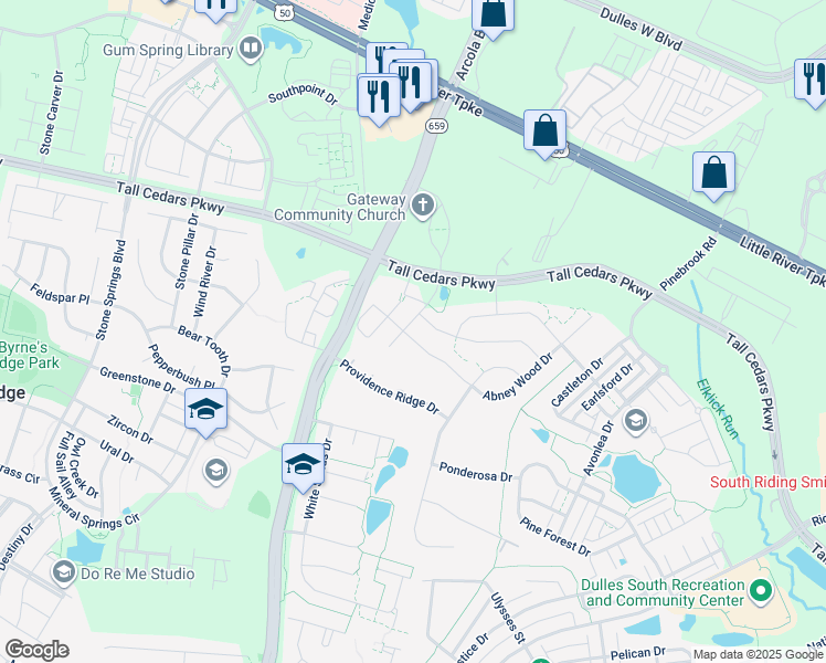 map of restaurants, bars, coffee shops, grocery stores, and more near 24866 Bradford Forest Drive in Chantilly