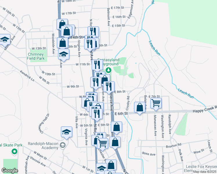 map of restaurants, bars, coffee shops, grocery stores, and more near 816A North Commerce Avenue in Front Royal