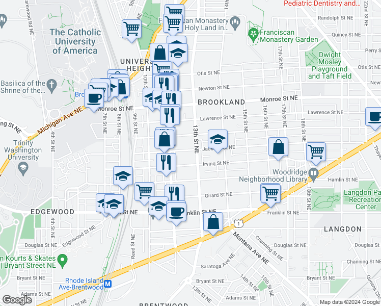 map of restaurants, bars, coffee shops, grocery stores, and more near 1241 Jackson Street Northeast in Washington