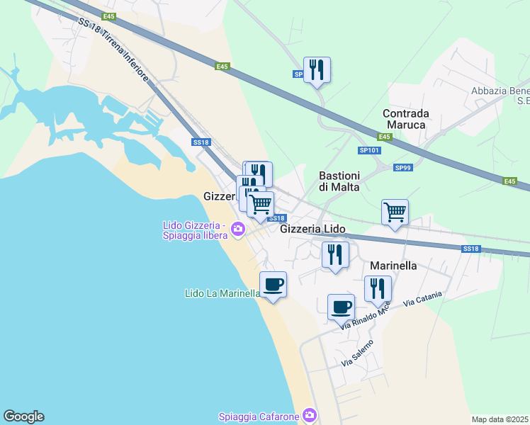 map of restaurants, bars, coffee shops, grocery stores, and more near 201 Via Luigi Rizzo in Gizzeria Lido